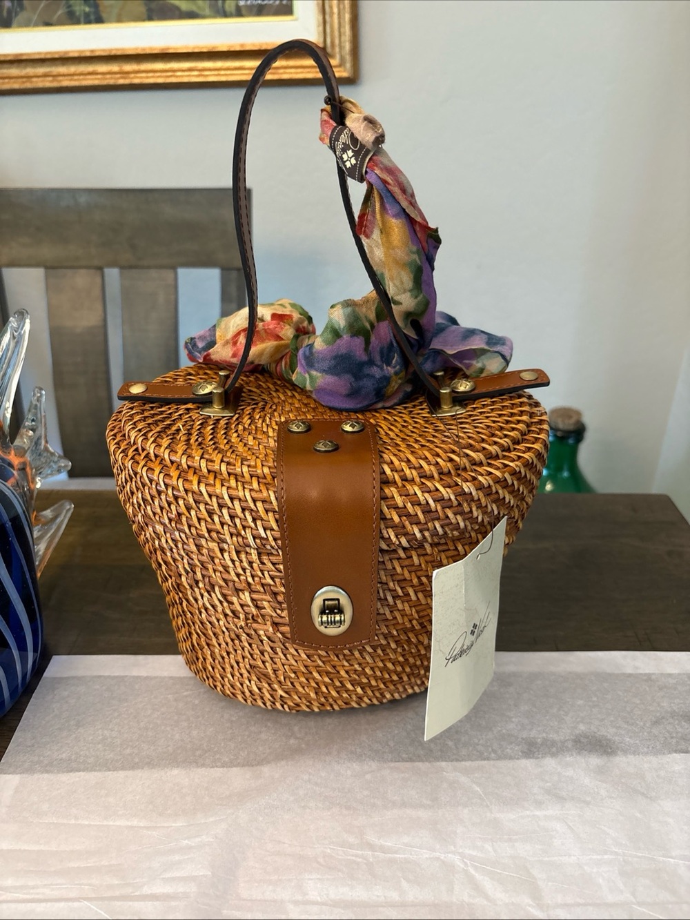 New Patricia Nash Caselle Small Wicker Basket Bag with Leather Trim and scarf